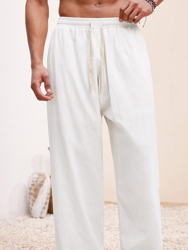 Stylish men's linen blend lounge pants offering a comfortable, relaxed wide leg fit. Ideal casual trousers.