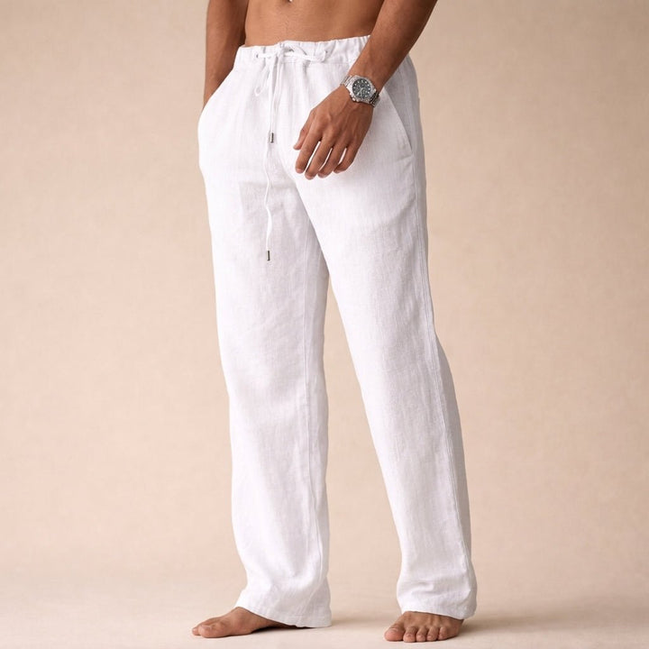 Men's relaxed fit linen drawstring pants for ultimate comfort & casual summer style.