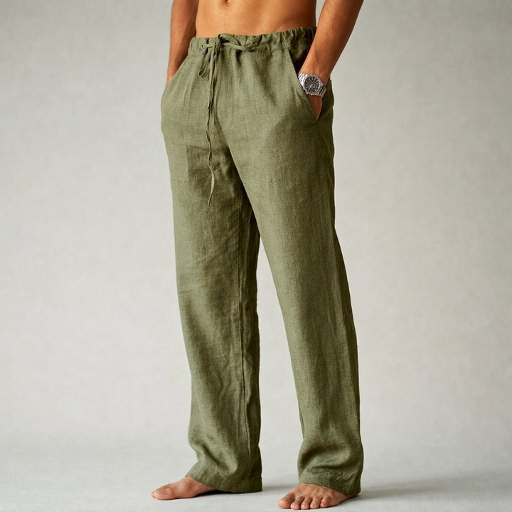 Comfortable men's linen pants with drawstring waist, ideal for relaxed everyday wear.