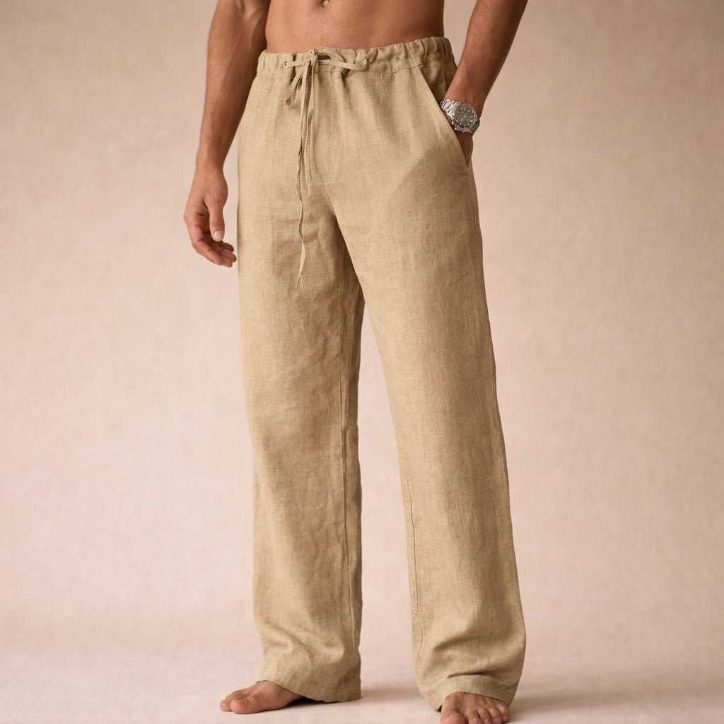 Stylish men's casual linen drawstring trousers, perfect for summer fashion & everyday wear.