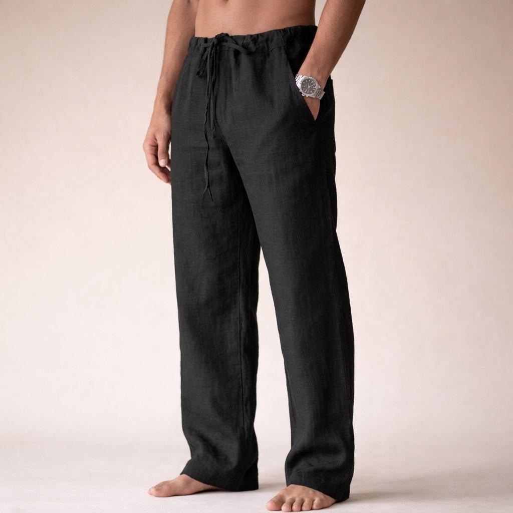 Relaxed fit men's linen pants with adjustable drawstring, offering ultimate comfort & breathability.