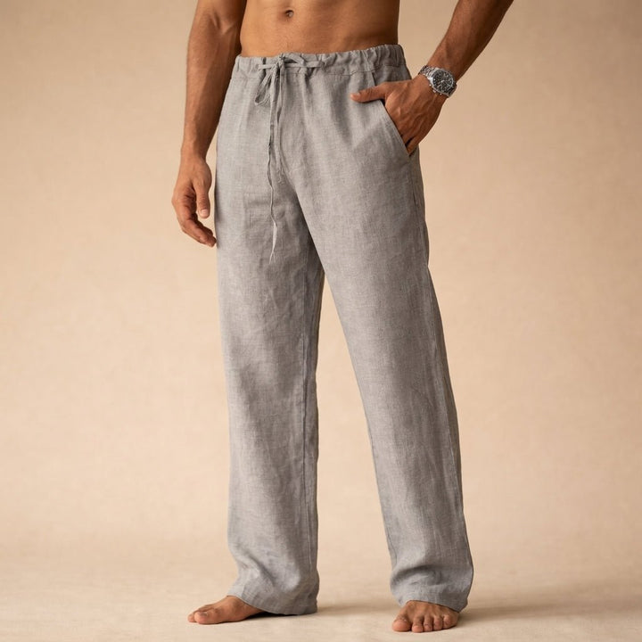 Men's comfortable summer linen pants, relaxed fit with drawstring, great for casual outfits.