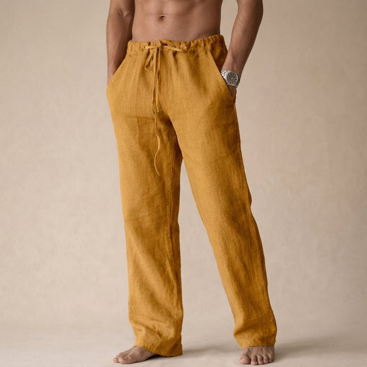 Breathable men's linen drawstring pants, relaxed fit for all-day ultimate comfort.