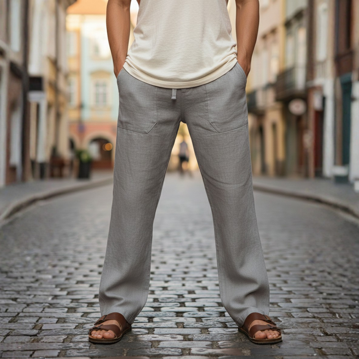 Men's relaxed fit linen drawstring trousers for ultimate summer comfort.