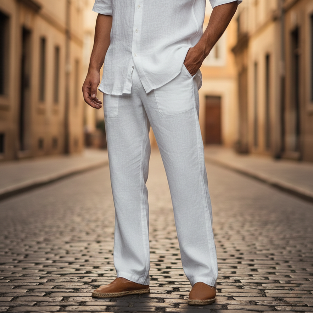 Men's baggy linen drawstring trousers, ultimate relaxed fit for casual summer comfort.
