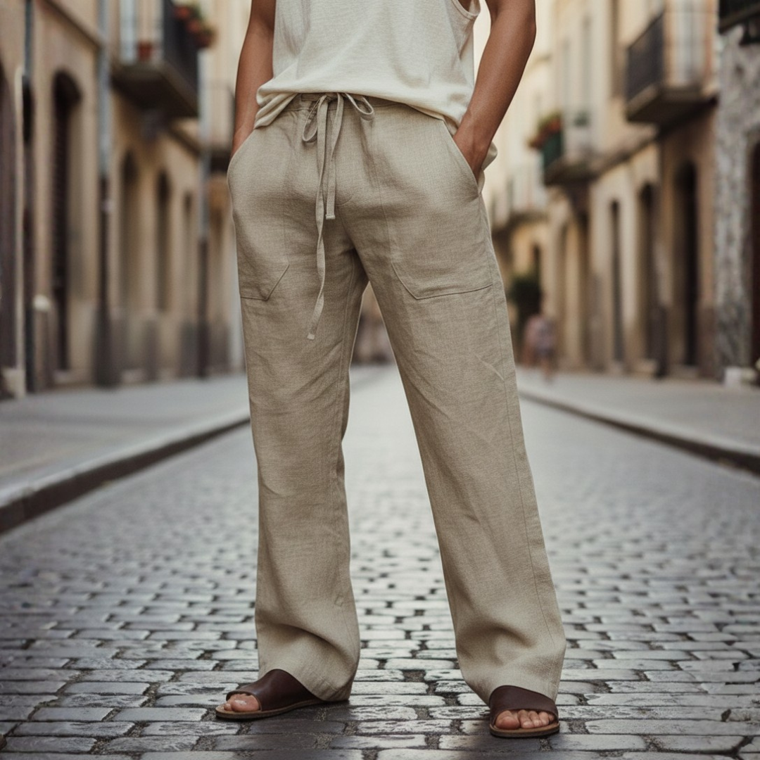 Casual men's drawstring linen trousers, relaxed fit for everyday comfort in summer.
