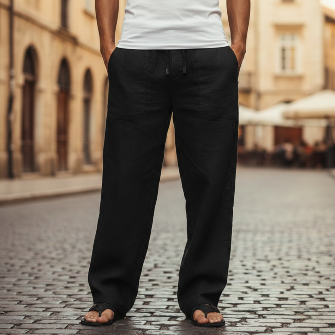 Men's breathable linen trousers, relaxed baggy fit and drawstring waist for summer style.