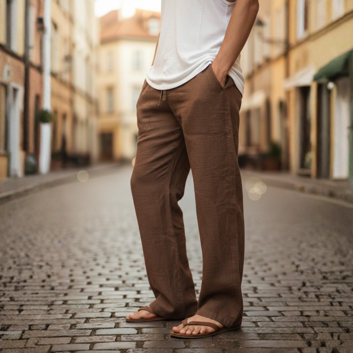 Comfortable men's relaxed fit linen trousers, perfect for summer casual outings.