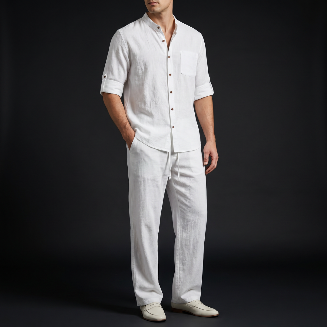 Men's relaxed fit linen shirt & drawstring pants set. Ideal comfortable two-piece for summer casual wear.
