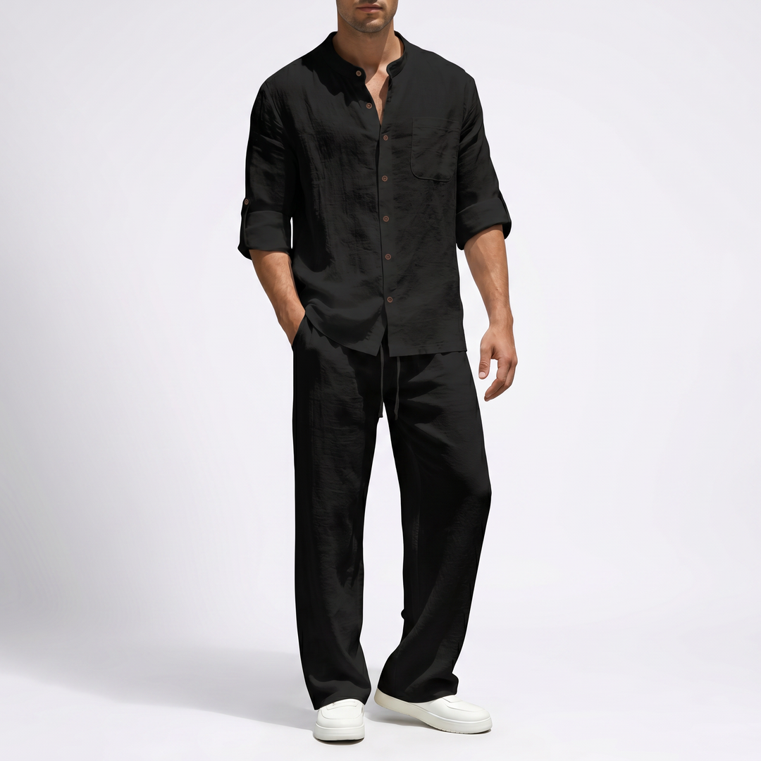 Comfortable men's linen two-piece set with relaxed fit shirt & drawstring pants for stylish summer fashion.