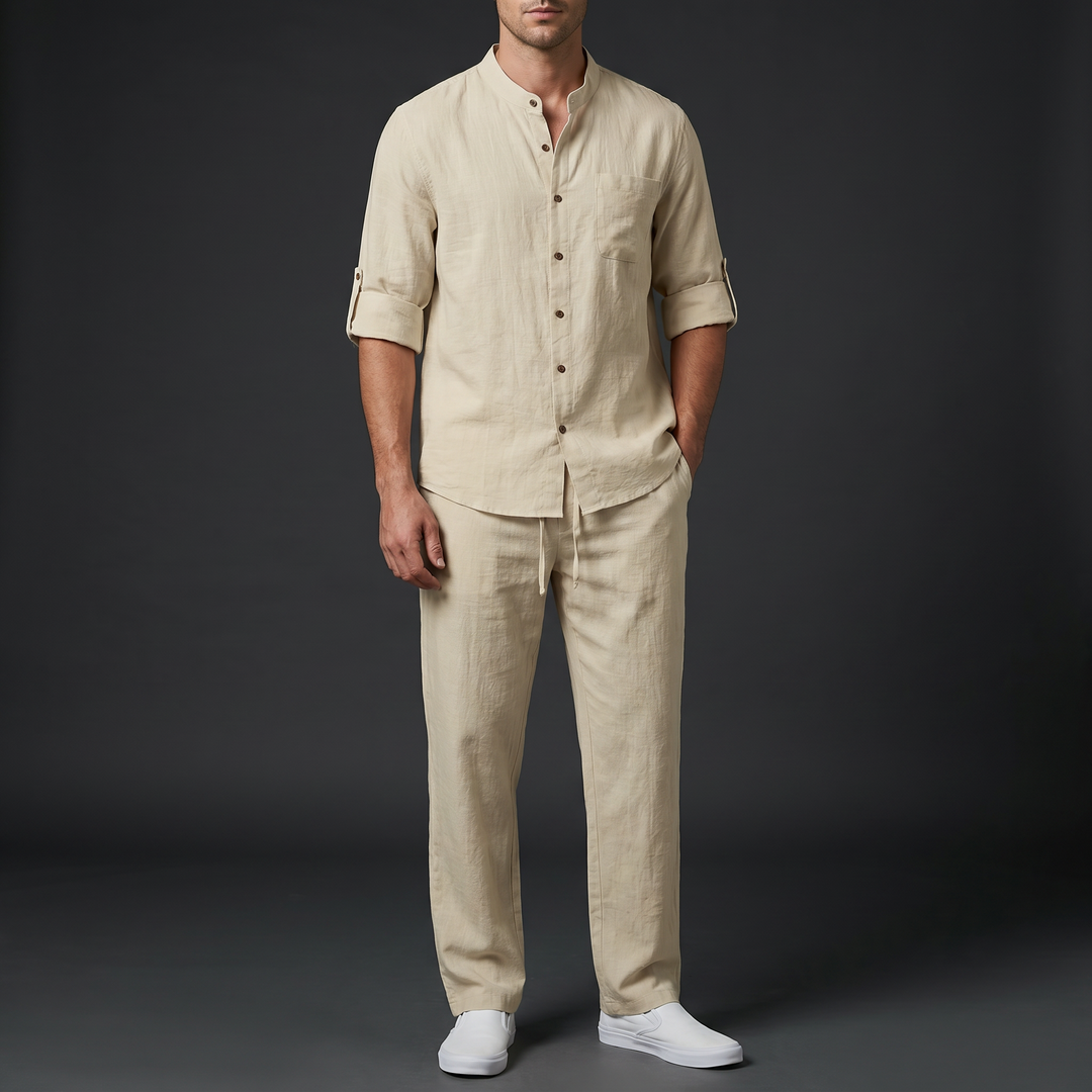 Men's casual linen set featuring relaxed fit mandarin collar shirt & comfortable drawstring pants. Summer outfit.