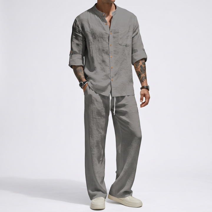 Versatile men's linen two-piece set: relaxed fit shirt & drawstring pants for ultimate summer casual wear.