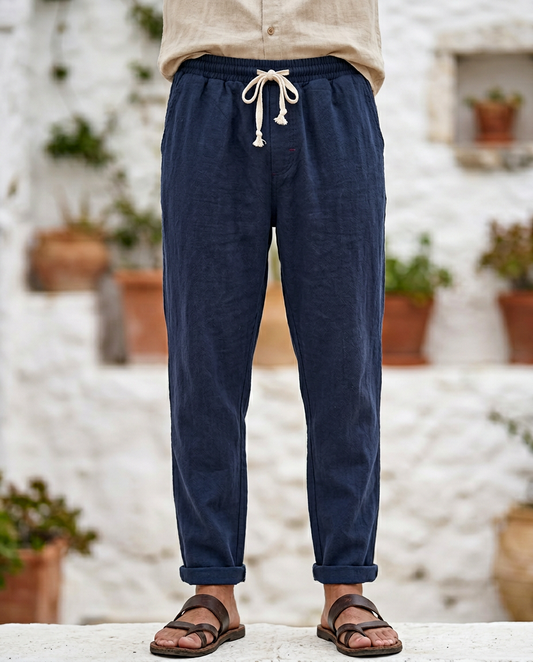 Men's relaxed fit linen trousers with drawstring waist, perfect for summer comfort.