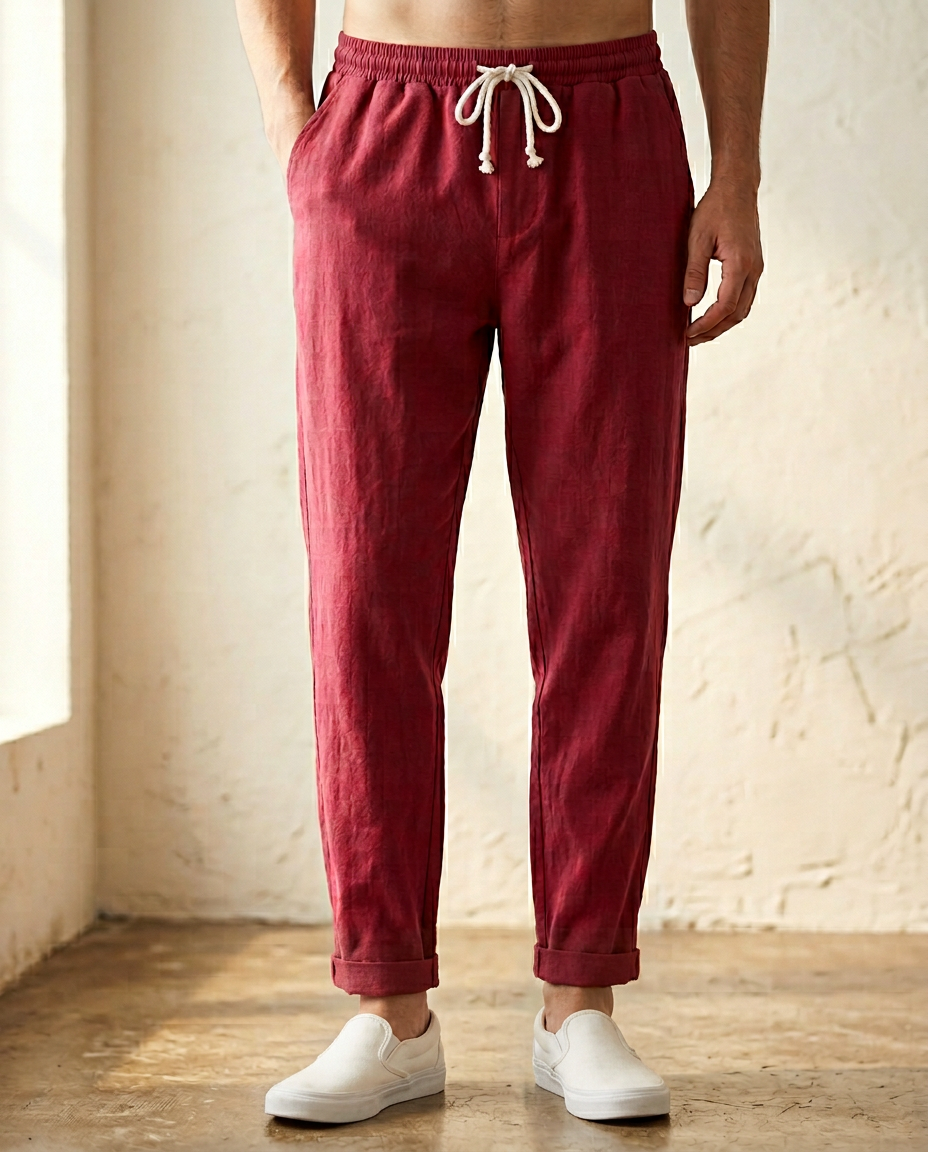 Breathable men's linen pants, relaxed fit, essential for summer comfort and style.