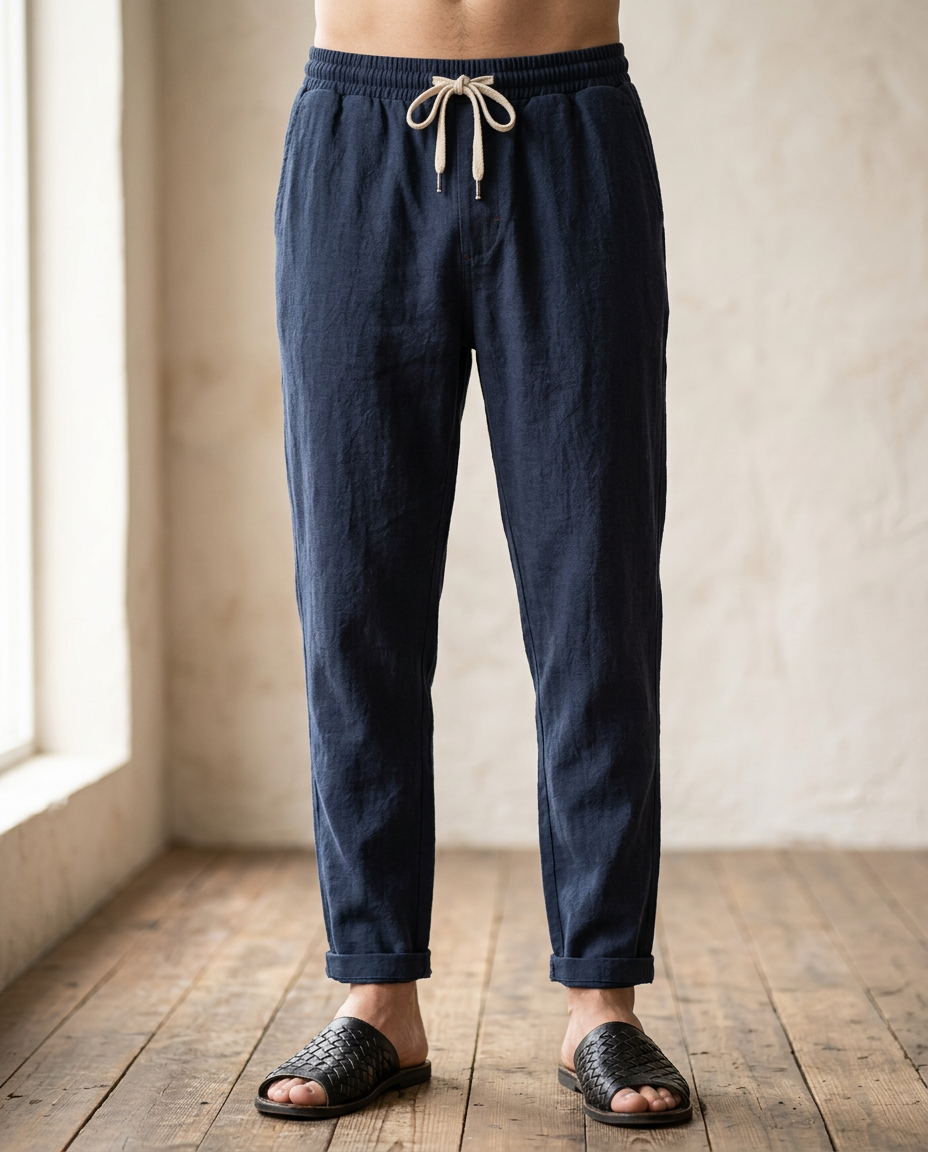 Breathable men's linen pants, ideal casual bottoms for warm weather style.