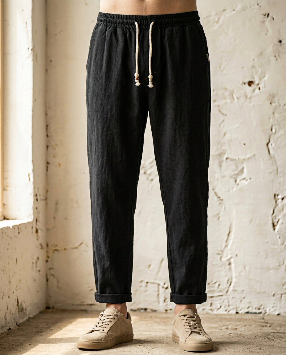 Stylish men's breathable linen pants, drawstring waist, great for casual wear.