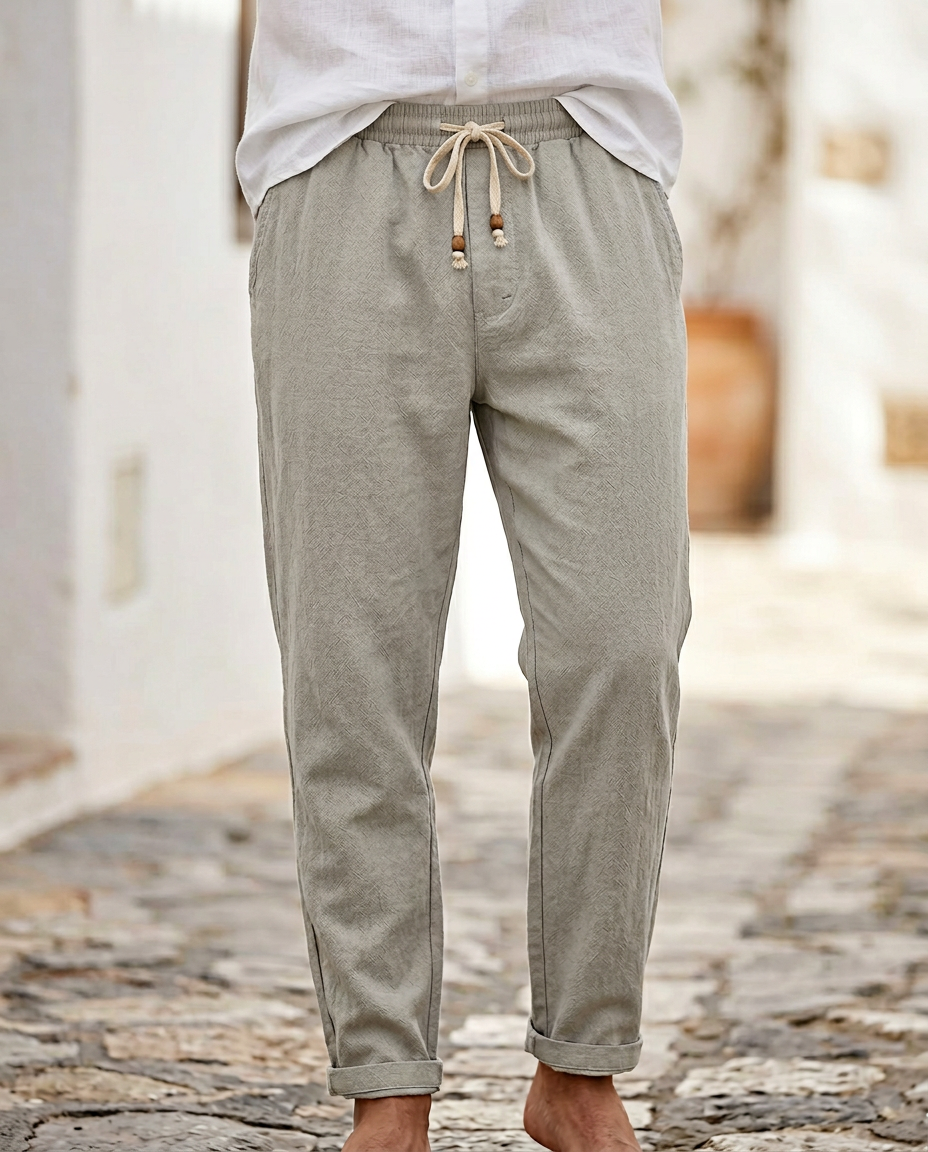 Relaxed fit men's natural linen trousers, breathable fabric, ultimate summer comfort.