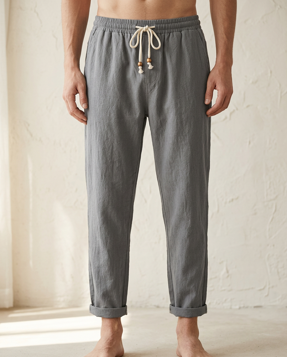 Men's fashion linen pants, drawstring waist, relaxed fit, breathable for warm days.
