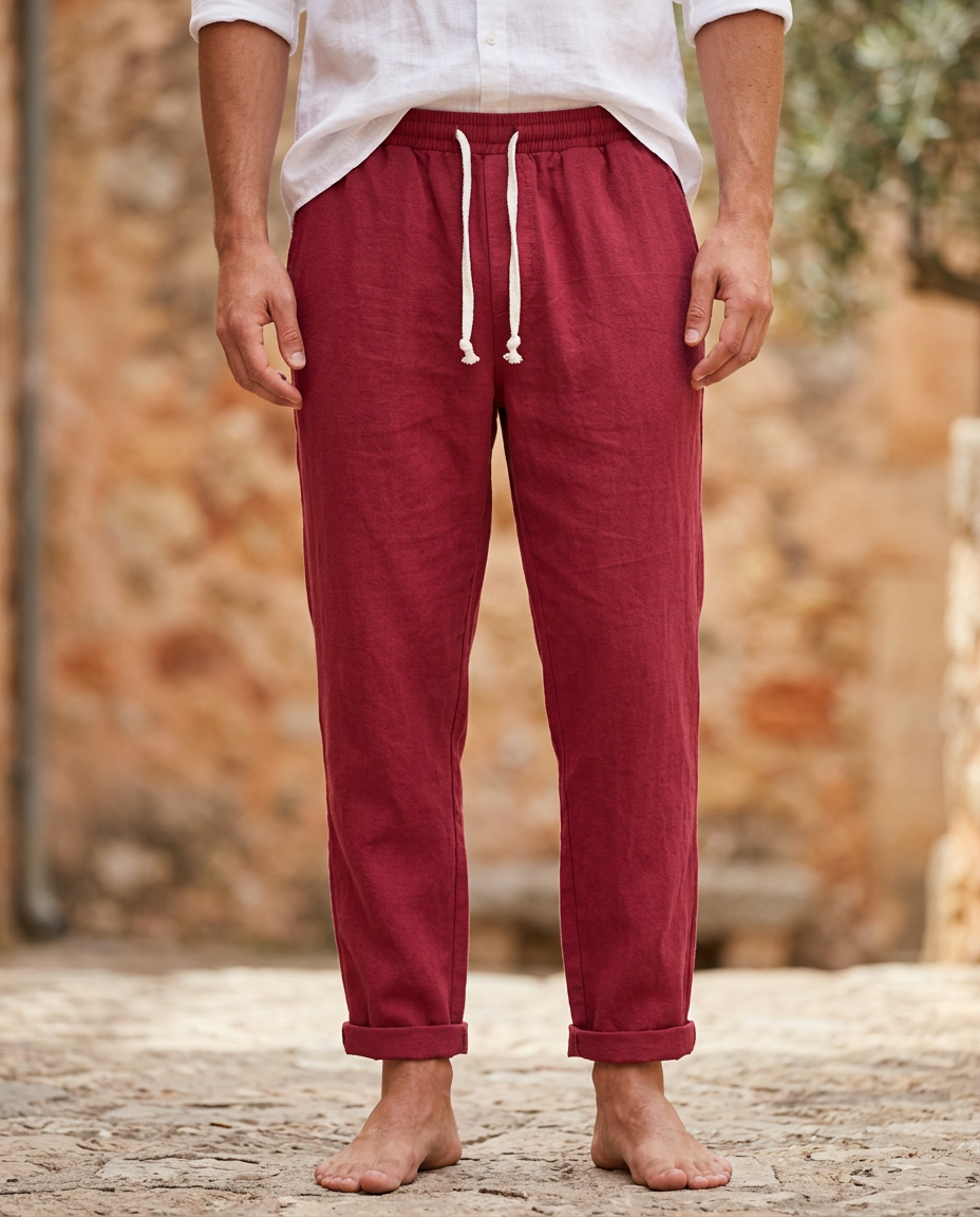 Comfortable men's linen trousers, perfect casual bottoms for summer leisure.
