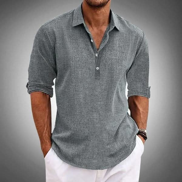 Versatile men's long sleeve Henley shirt, ideal for smart casual or everyday spring & summer style.