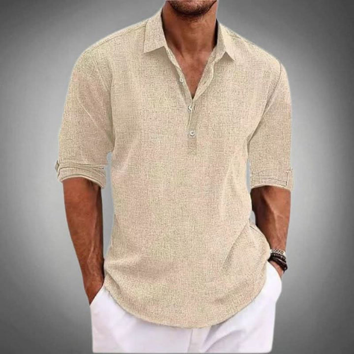 Stylish men's long sleeve Henley shirt in a relaxed fit, great for casual spring and summer outfits.