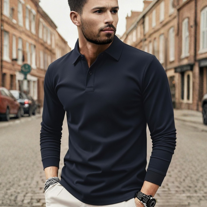 Versatile men's solid color long sleeve polo shirt, loose fit for spring/autumn casual fashion.