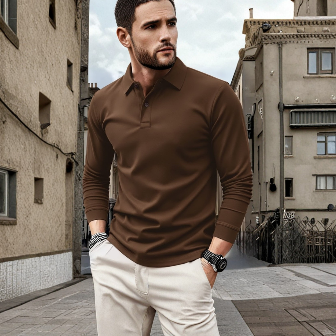 Comfortable men's long sleeve polo, solid color with a relaxed fit for everyday casual style.