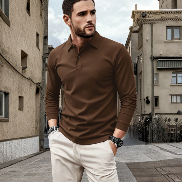 Comfortable men's long sleeve polo, solid color with a relaxed fit for everyday casual style.