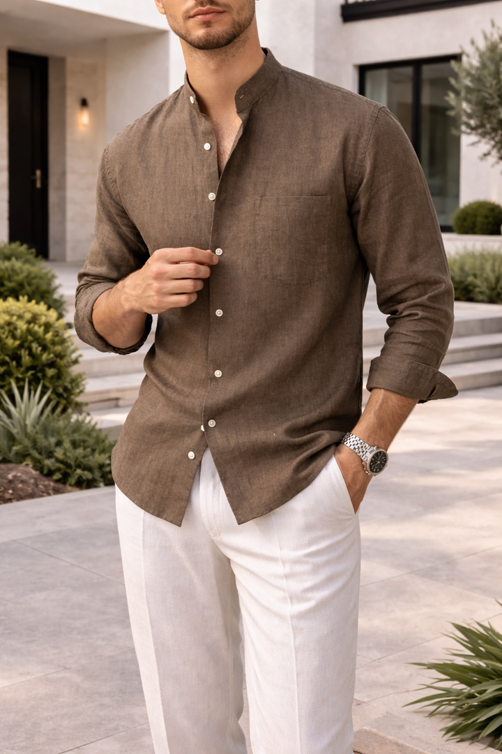 White men's smart casual relaxed fit polo shirt with grandad collar & long sleeves for everyday comfort.