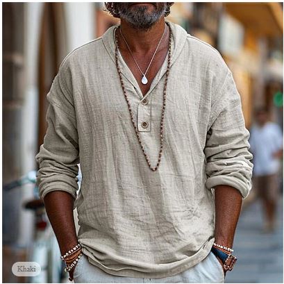 Men's relaxed fit long sleeve summer shirt with a stylish stand-up collar & button placket for casual comfort.