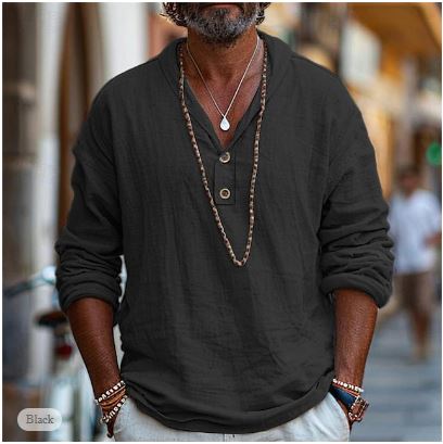 Comfortable men's relaxed fit long sleeve shirt. Features a stand collar and button placket, ideal for summer wear.