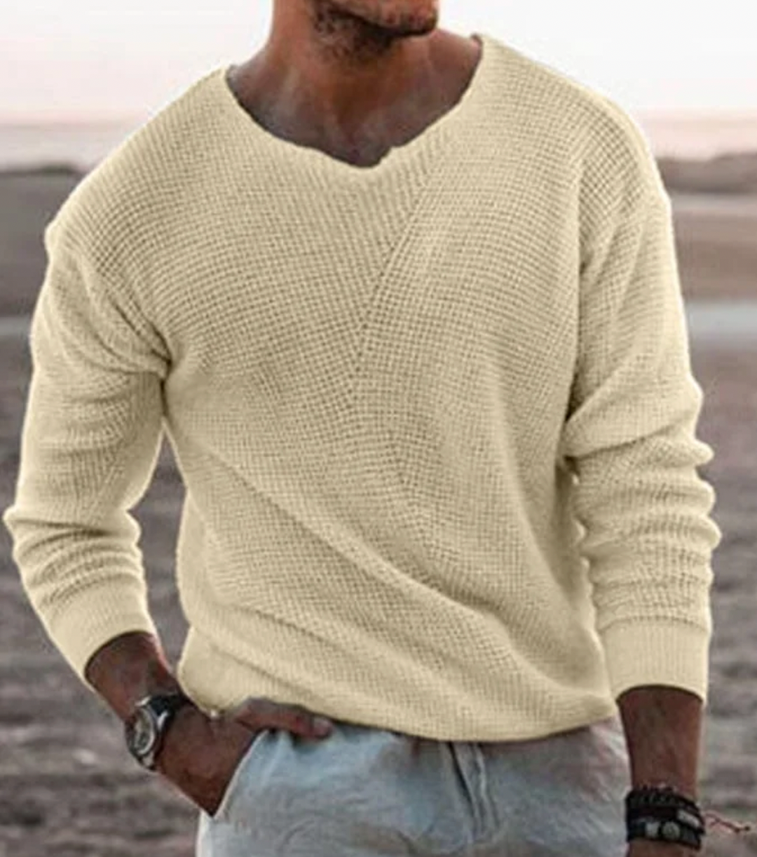 Men's relaxed fit long-sleeve V-neck sweater. A comfortable, casual jumper for daily autumn & winter wear.