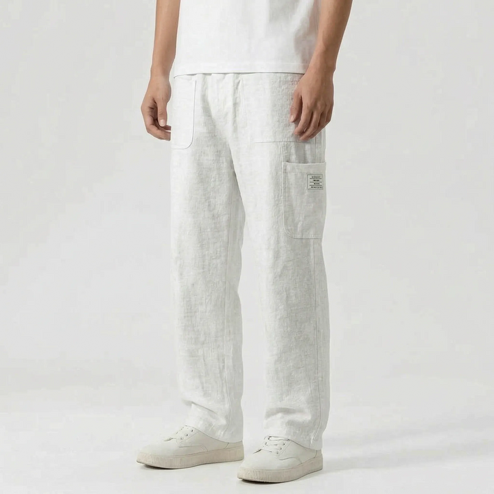 Loose straight-leg men's casual pants with cargo pockets. Relaxed fit, comfortable drawstring waist for summer.