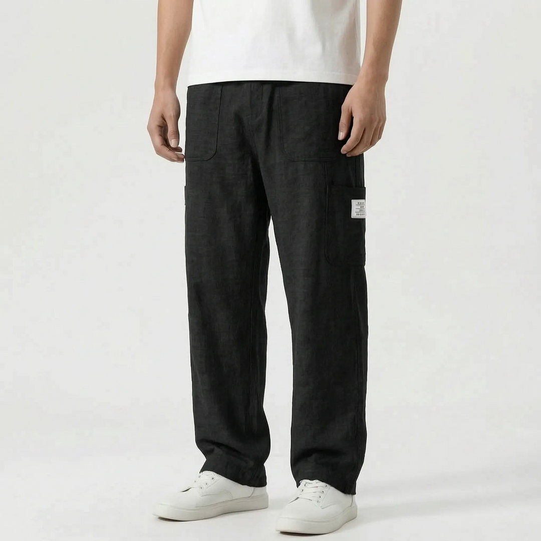 Everyday men's casual pants, loose straight leg, relaxed fit with cargo pockets. Comfortable drawstring waist.