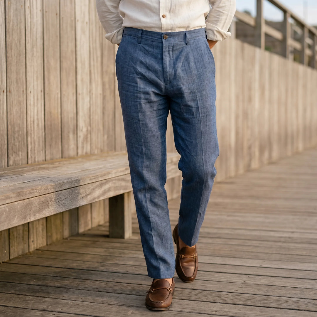 Men's relaxed fit office pants, perfect for smart casual summer comfort and everyday wear.