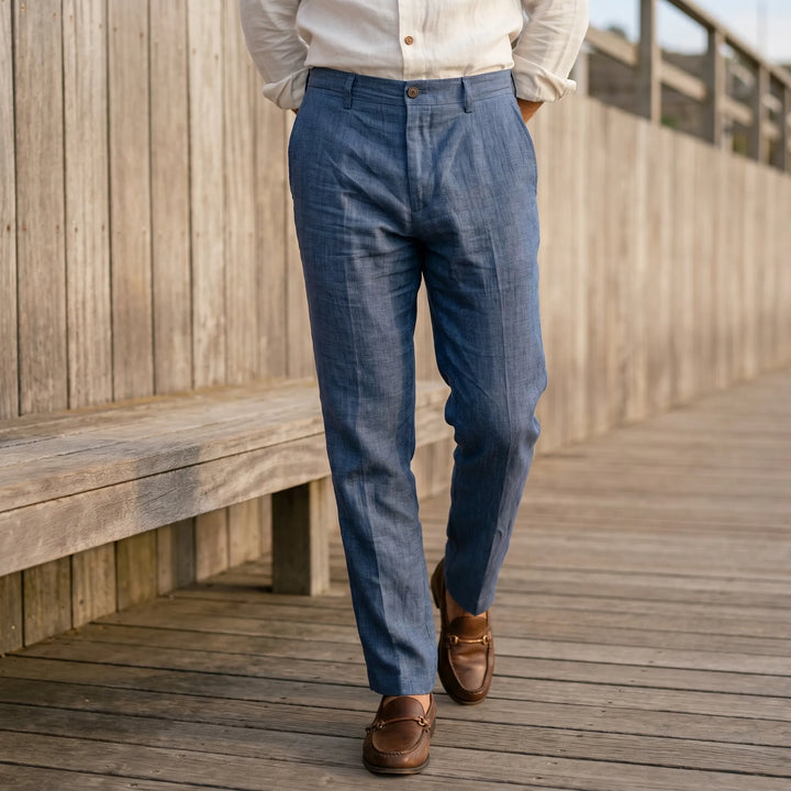 Men's relaxed fit office pants, perfect for smart casual summer comfort and everyday wear.