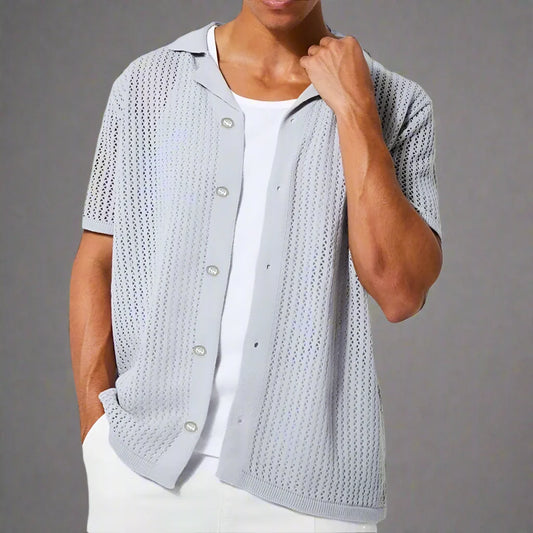 Men's relaxed fit offshore knit button-up shirt for casual summer wear.