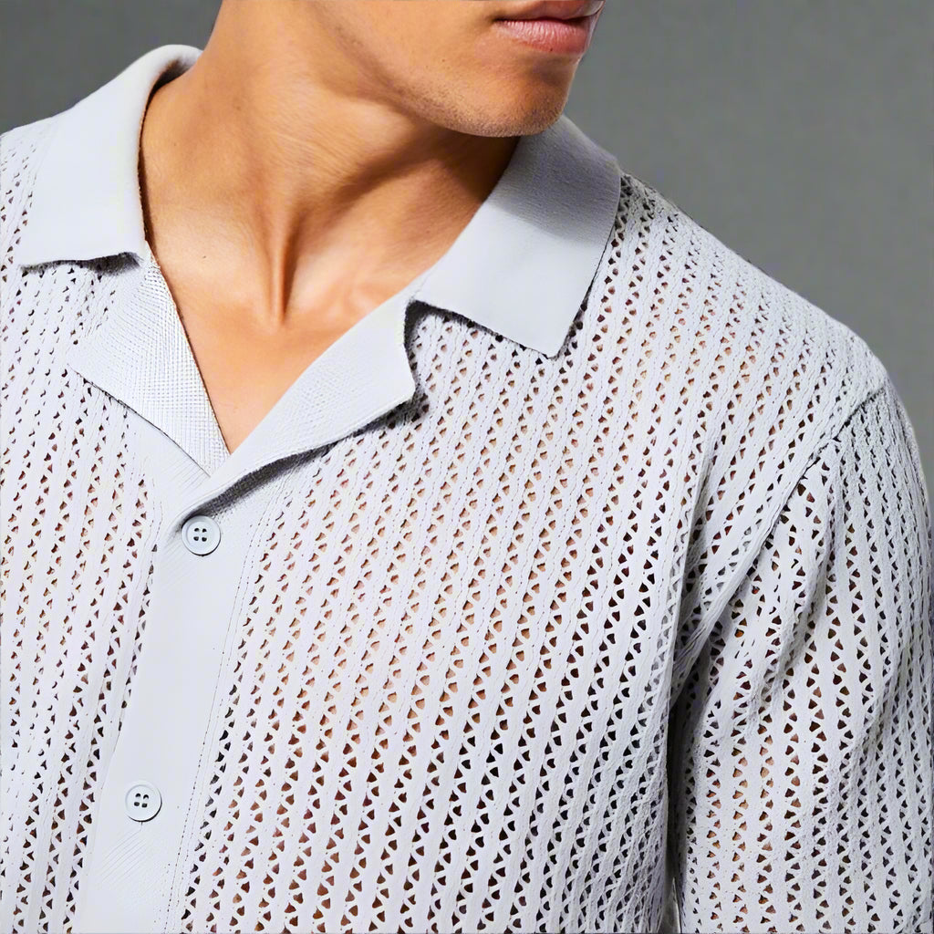 Short sleeve men's knit button-up shirt, perfect for beach outfits & resort style.