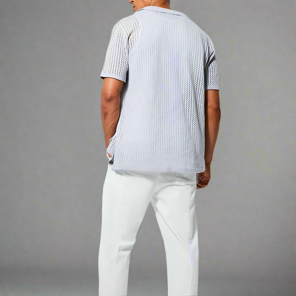 Breathable men's relaxed fit knit button-up, ideal for summer vacation & casual fashion.