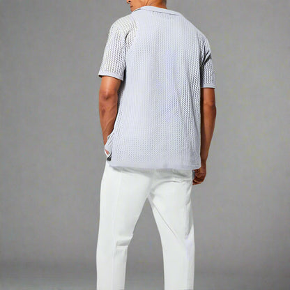 Breathable men's relaxed fit knit button-up, ideal for summer vacation & casual fashion.
