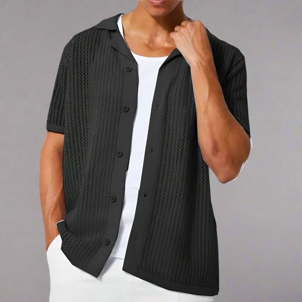 Men's airy short sleeve knit shirt, great for relaxed summer beach wear and resort fashion.