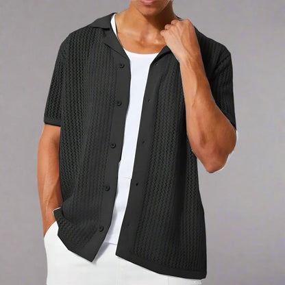 Men's airy short sleeve knit shirt, great for relaxed summer beach wear and resort fashion.