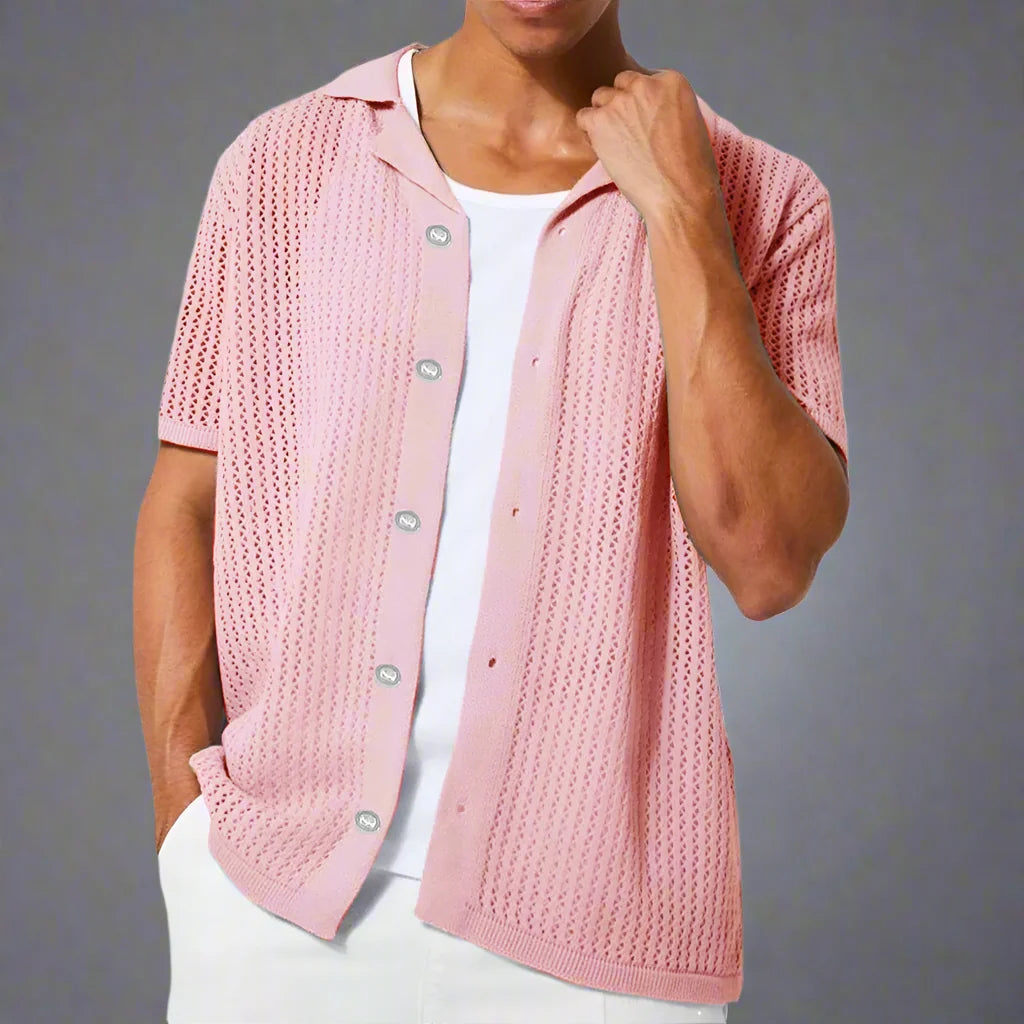 Men's breathable short sleeve knit button-up, relaxed fit for ultimate summer comfort.