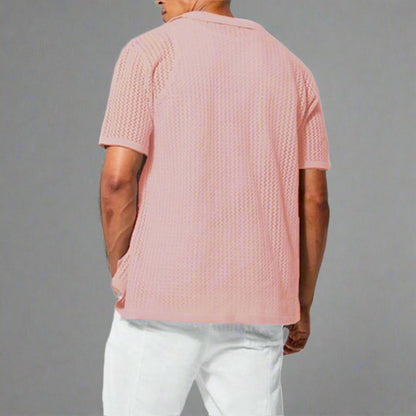 Vacation-ready men's relaxed fit knit button-up, perfect for resort style & beach casual.