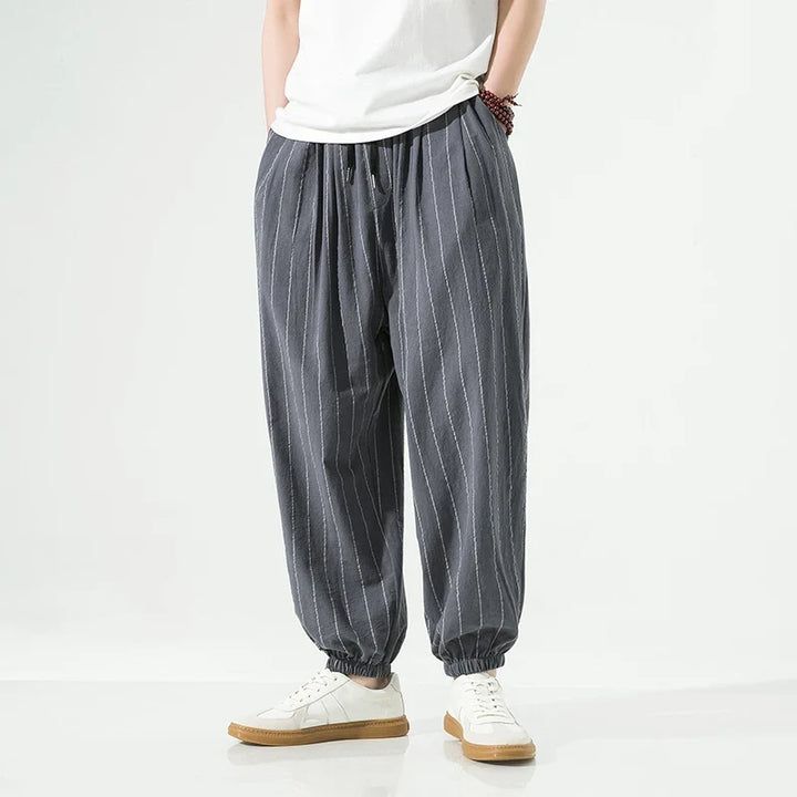 Comfortable men's loose fit pants with elastic cuffs, ideal for loungewear or versatile casual outfits.