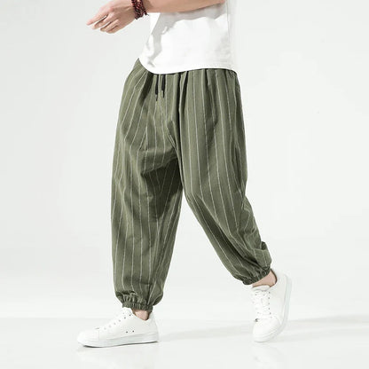 Close-up of men's effortless relaxed pants, showcasing the soft fabric and elastic cuff detail.