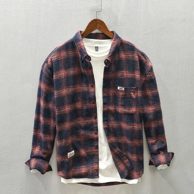 Men's relaxed fit plaid button-down shirt in blue and white, ideal for casual everyday wear.