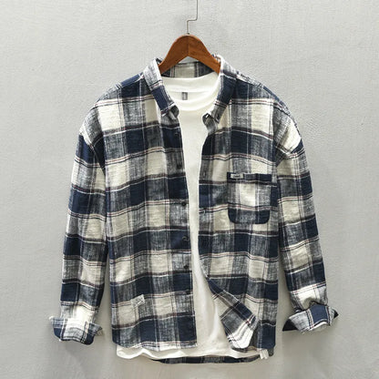 Comfortable men's relaxed fit plaid button-down shirt, long sleeve, classic style for men's fashion.