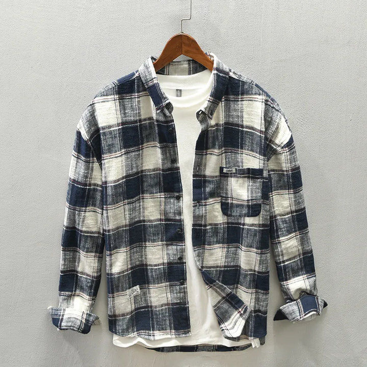 Comfortable men's relaxed fit plaid button-down shirt, long sleeve, classic style for men's fashion.