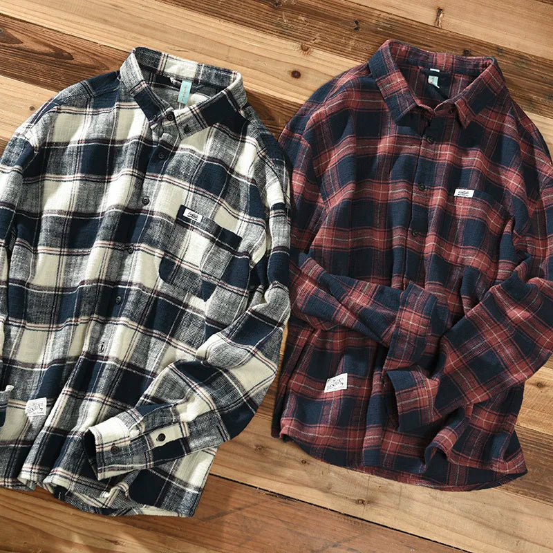 Men's relaxed fit long-sleeve plaid button-down shirt, suitable for comfortable everyday and casual fashion.